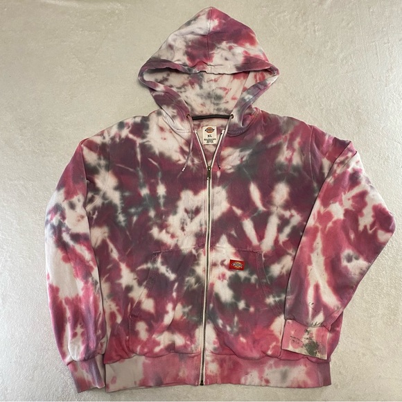 Womens PINK Tie Die Dickies Zip Up Hoodie Heavyweight Embroidered Patch Size XL - Picture 1 of 9